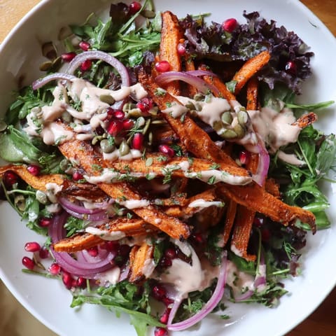 Freshly tossed roasted carrot salad with vibrant pomegranate seeds and a tahini drizzle.