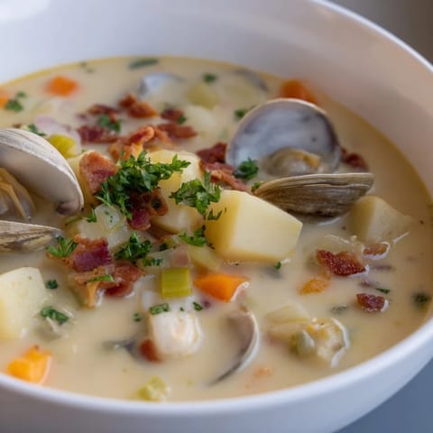 Thick, steaming New England Clam Chowder with visible chunks of clams and potatoes, ready to be enjoyed.