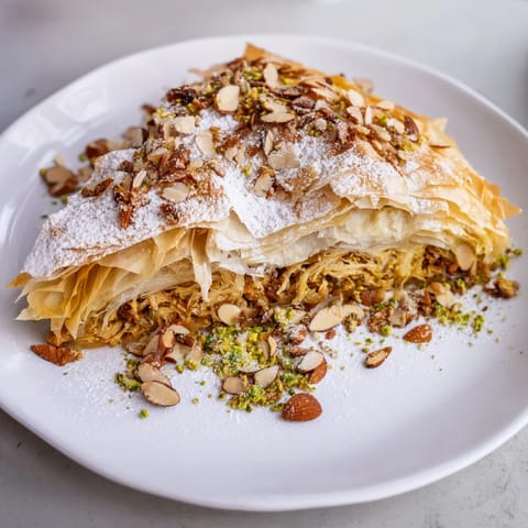 A beautifully baked serving of Moroccan Pastilla Pie, sprinkled with sweet powdered sugar and cinnamon.