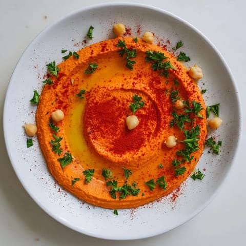 Roasted red pepper hummus spread on warm pita bread, with fresh vegetables for a healthy snack.