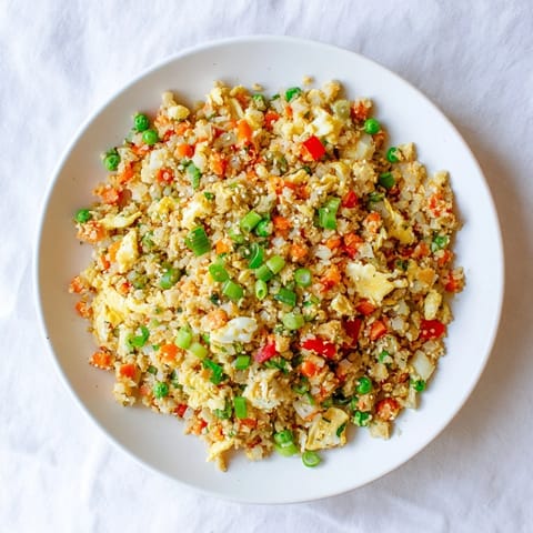 Savory vegetarian cauliflower fried rice served hot, garnished with green onions and sesame seeds.
