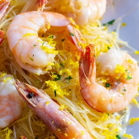 Juicy pink shrimp sizzling in a skillet with garlic, lemon juice, and butter, ready to be tossed with delicate angel hair pasta and parsley.