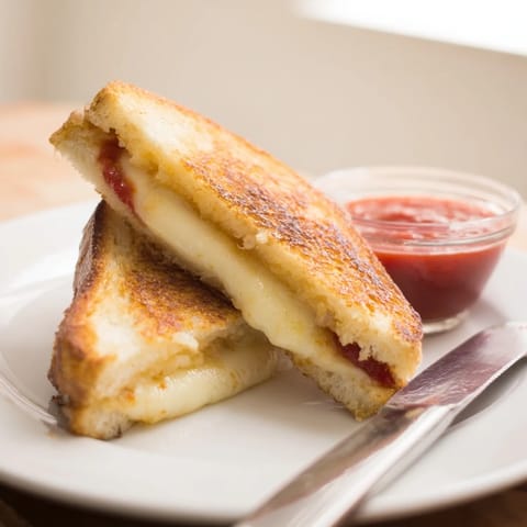 The finished Mozzarella Stick Grilled Cheese sandwich, sliced in half to reveal layers of melted cheese and gooey mozzarella sticks inside.