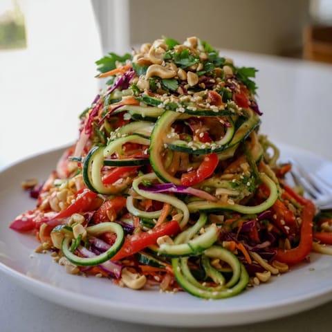 Forkful of chilled Raw Vegetable Noodle Salad with crunchy cucumber noodles, fresh cilantro, and toasted sesame seeds garnish ready to eat.