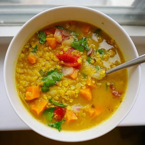 A steaming bowl of Mung Bean Soup garnished with fresh cilantro and a lemon wedge.