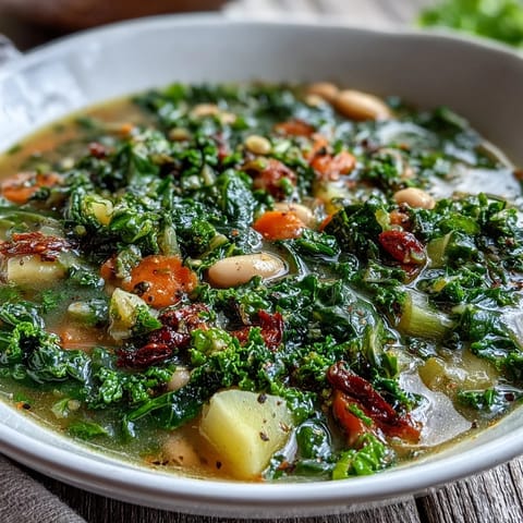 Hearty vegetarian Kale Soup served steaming hot, topped with a lemon wedge beside a slice of crusty gluten-free bread.