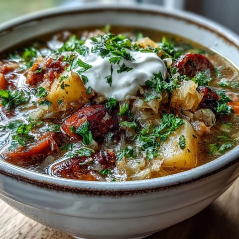 Rustic pot of Sauerkraut Soup simmering with sauerkraut, potatoes, carrots, and smoked sausage for a hearty meal.