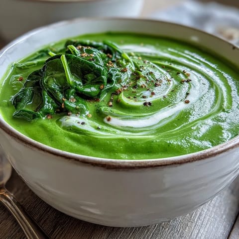 Creamy Spinach Soup served warm in a white bowl, garnished with a swirl of cream and fresh cracked pepper.