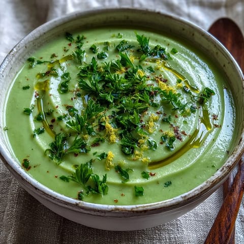 Creamy green Zucchini Soup in a white bowl, garnished with fresh basil and a light olive oil drizzle.