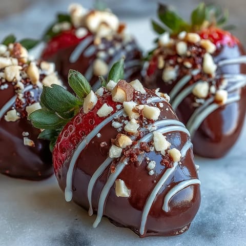 A close-up of freshly dipped chocolate-covered strawberries on parchment, topped with chopped nuts for a festive treat.