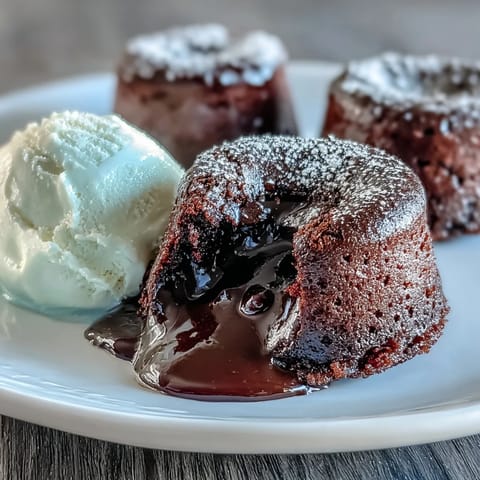 A close-up view of a Chocolate Lava Cake with Espresso being sliced open, revealing gooey, dark chocolate espresso filling.