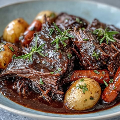 Close-up of tender, shredded Beef Pot Roast in rich, glossy gravy, with soft carrots and baby potatoes on a white platter.