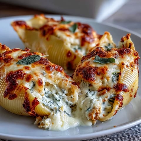 Golden, bubbling Pumpkin & Gouda Stuffed Shells topped with crispy sage leaves fresh from the oven.