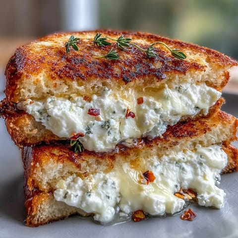 Golden, buttery sourdough grilled cheese filled with creamy goat cheese, honey, and chili flakes on a rustic plate.