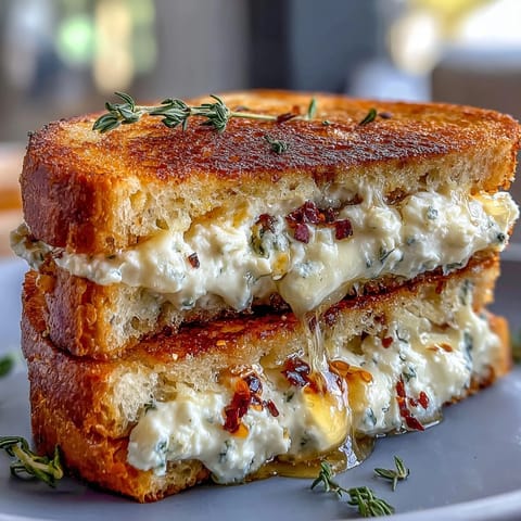 Two halves of a goat cheese grilled cheese with honey and chili flakes, melty cheese and herbs on marble.