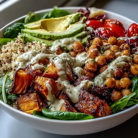 Top-down view of a hearty Buddha Bowl with Quinoa, filled with fresh spinach, cherry tomatoes, cucumber, and shredded red cabbage, ready to enjoy.