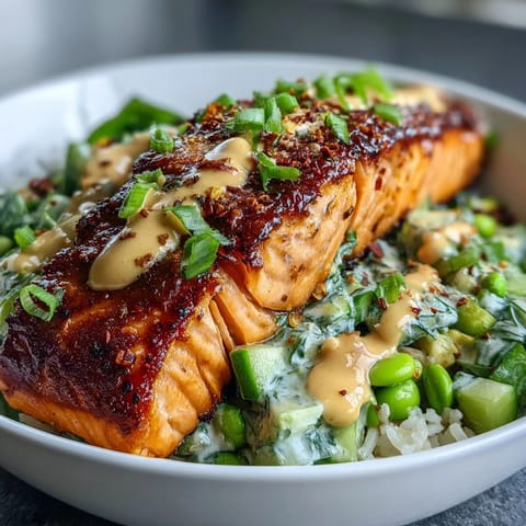 Topped sesame seeds and lime wedges, this spicy Bang Bang Salmon Bowl feels restaurant-worthy yet weeknight-easy for four servings.