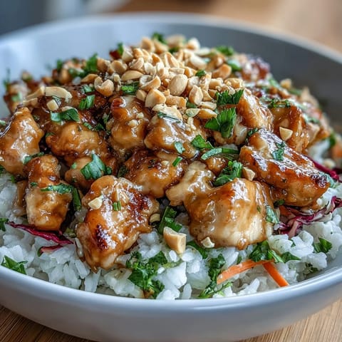 A meal-prep friendly Peanut Chicken Protein Bowl features tender chicken, colorful veggies, and fragrant coconut rice ready for a satisfying high-protein lunch.