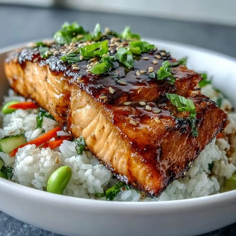 Close-up of an Asian-Inspired Salmon Bowl featuring glazed fillet, crisp julienned carrots, cucumber, and sesame seeds.