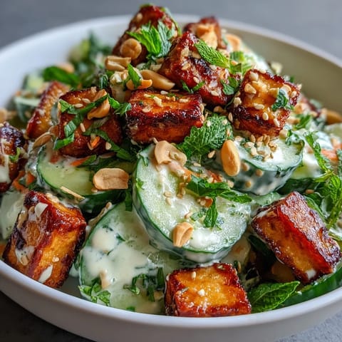 Tossed in a silky sesame-ginger dressing, this Creamy Asian Cucumber Salad features cool, crunchy cucumbers and golden, crispy tofu. 