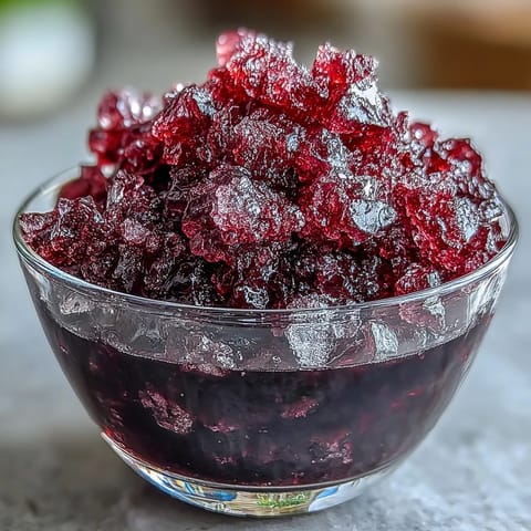A close-up of fluffy Black Currant Granita in a chilled glass, showcasing its vibrant purple hue and icy crystals, garnished with fresh mint leaves.