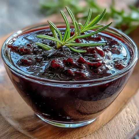 A spoon lifts glossy Black Currant and Rosemary Reduction from a small saucepan, showing its deep purple, syrupy texture. Steam curls above the fragrant sauce, flecked with finely chopped shallots, ready for drizzling over roasted duck or lamb.