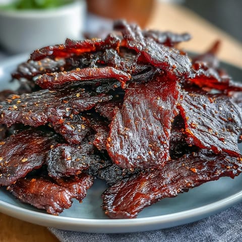 Glistening strips of Black Currant Smoky Jerky, showcasing a deep, smoky mahogany color, are stacked on a rustic wooden board with cherry wood chips nearby.