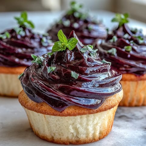 Velvety Black Currant Frosting swirls high on cupcakes, with a rich purple hue and optional fresh berries.