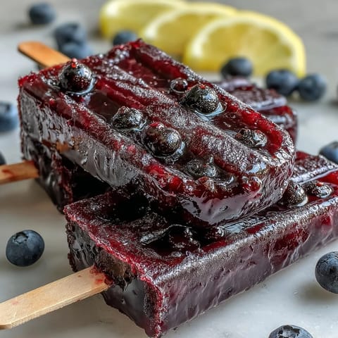 Six vibrant blackcurrant popsicles with visible fruit chunks are shown on a rustic wooden board, perfectly capturing the refreshing and tangy homemade dessert for a summer treat.