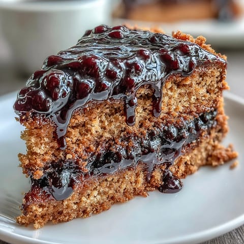 Moist slices of PB and J Cake With Black Currant Sauce, drizzled generously over a rich peanut butter crumb.