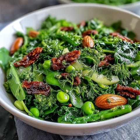 Refreshing spring green salad with honey mustard and almonds, topped with toasted nuts and crisp seasonal produce.  