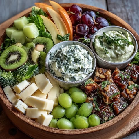 Vibrant green food board featuring fresh fruits, vegetables, cheeses, and savory snacks for St. Patricks Day.  
