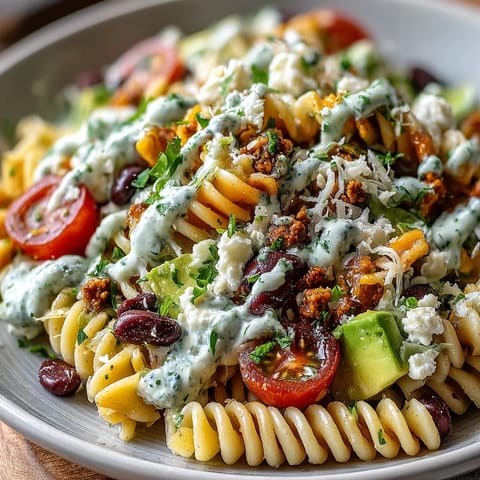 Colorful Easy Taco Pasta Salad loaded with cherry tomatoes, black beans, and avocado, topped with creamy taco dressing and tortilla chips.