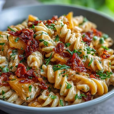 A colorful Hawaiian pasta salad with ham, pineapple, and ranch dressing, perfect for summer gatherings.