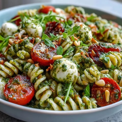 A colorful bowl of summer pasta salad with pesto, cherry tomatoes, and mozzarella, perfect for picnics and warm-weather meals.
