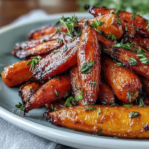 Glazed honey roasted carrots with fresh thyme, caramelized to perfection for a sweet and savory side dish.