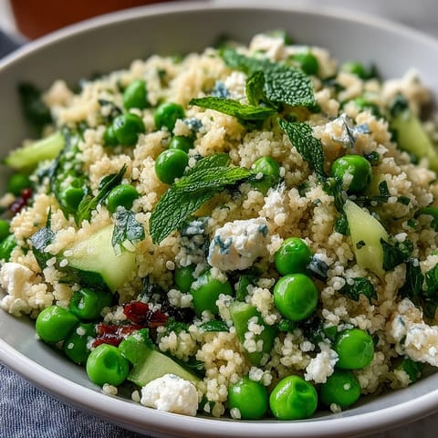 Spring Pea and Mint Couscous Salad with fresh peas and fluffy couscous, a vibrant and refreshing vegetarian side dish perfect for spring gatherings.