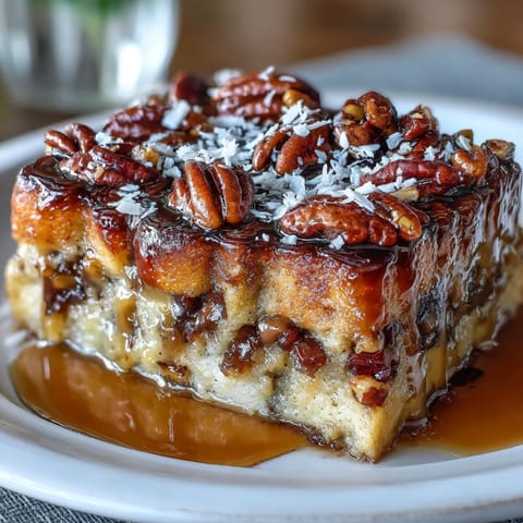 Warm capirotada Mexicana with toasted bolillo bread, piloncillo syrup, nuts, raisins, and melted cheese in a golden casserole dish.