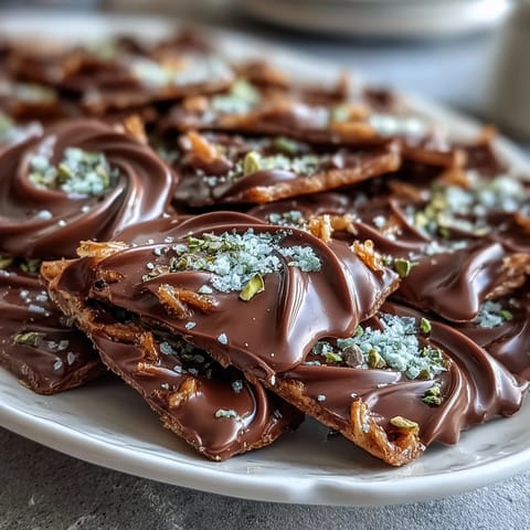 Luxurious Dubai Chocolate Bark with crisp kataifi pastry and creamy pistachio filling, topped with rich dark chocolate and rose petals.