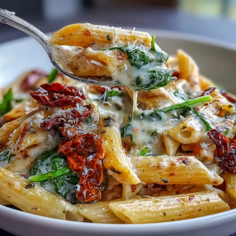 Creamy One-Pot Tuscan Pasta with spinach and sun-dried tomatoes in a rich white wine sauce.