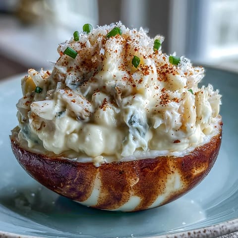 Elegant crab cake deviled eggs with creamy crab filling and a sprinkle of zesty Old Bay seasoning for a gourmet appetizer.  