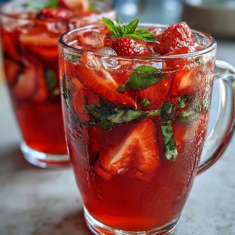 Vibrant strawberry basil lemonade pitcher glistening with fresh garnishes for parties.