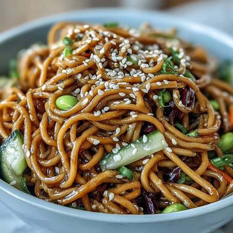 Cold sesame noodles tossed in zesty ginger dressing with crunchy cabbage and edamame in a vibrant noodle bowl.  