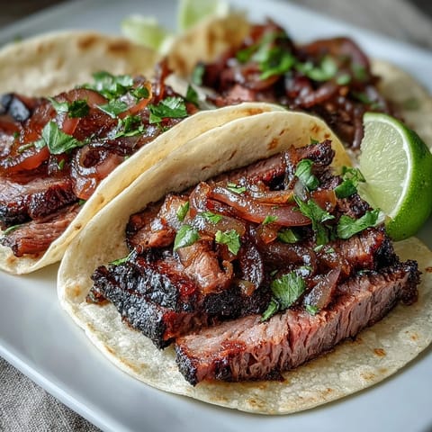 Delicious smoked brisket tacos with tangy pickled red onions, ready to be devoured.
