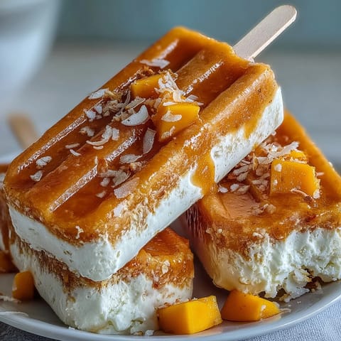 Vibrant vegan mango coconut popsicles bursting with sweet fruit, expertly blended.