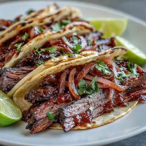 Smoked brisket tacos showcasing tender meat, vibrant pickled onions, and fresh cilantro.