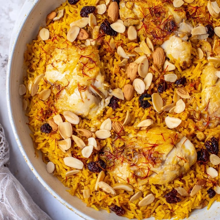 Tender chicken and fluffy basmati rice are beautifully combined in this vibrant saffron chicken and rice pilaf.