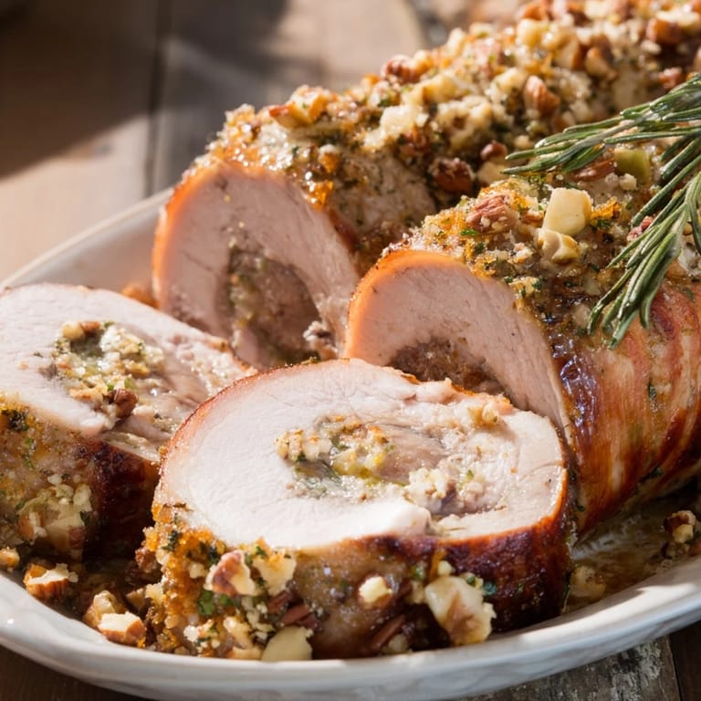 Golden-brown slices of thyme and pecan crusted pork tenderloin, a holiday centerpiece, flavorful and juicy.