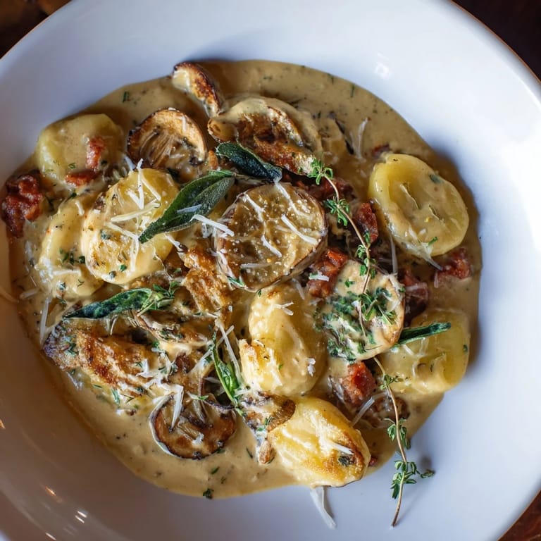 Warm, flavorful dish of Woodsy Skillet Sausage and Mushroom Gnocchi; perfect for a cozy dinner.