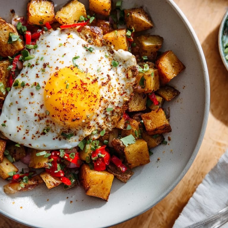 This hearty Simple Skillet Egg and Potato Hash is filled with colorful vegetables, ready to serve and enjoy.